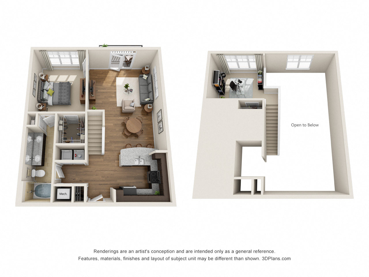 Floor plan for 1 bed, 1 bath, 1073 sqft